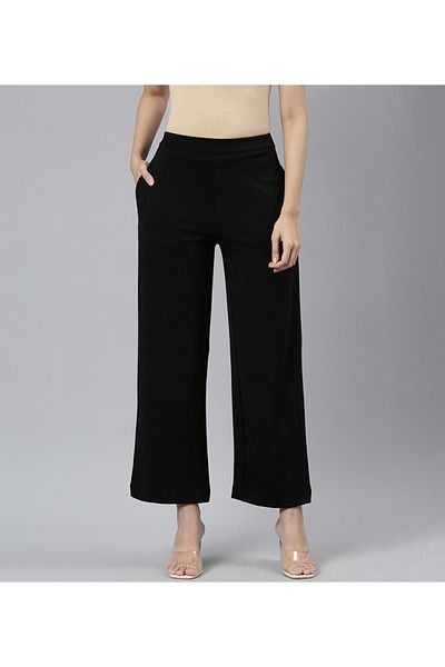 Go Colors Women's Solid Black Ponte Wide Leg Pants