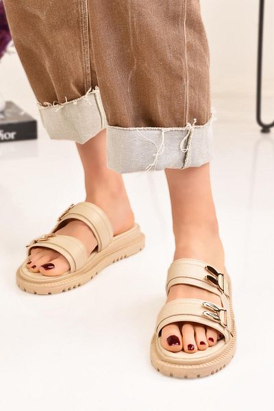 Peta Rabbit Buckle Detailed Flat Sole Women's Slippers