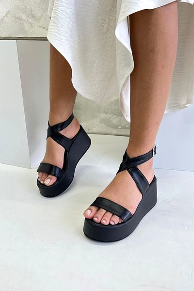 inizio Μαύρα Skin Wedge Heel Γυναικεία Σανδάλια V4222