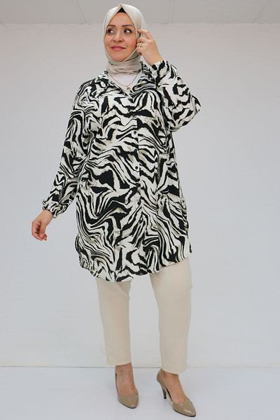 Eslina 58031 Large Size Men's Collared Patterned Wrinkled Shirt Tunic - Nefti-Black