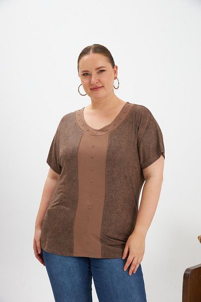 RMG Plus Size Women's Blouse Mink with Ribbon and Staple Detail