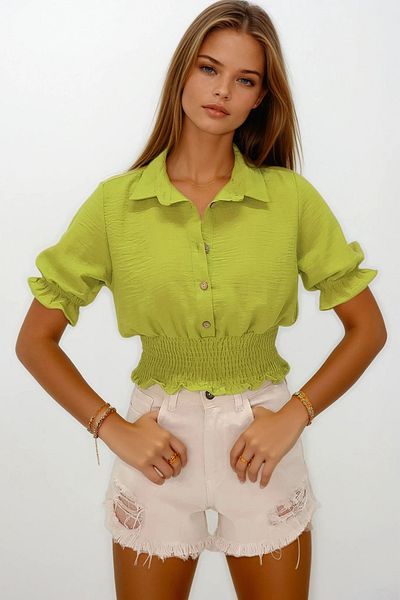 VAGGON Women's Oil Green Elastic Waist Button Closure Shirt Collar Blouse Vs00184