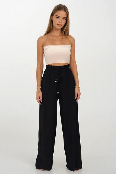 VAGGON Women's Black Double Pocket Elastic Waist Tie Palazzo Trousers Vs00185