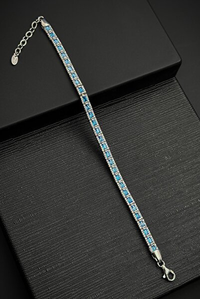 FRNCH 925 Ayar Gümüş İtalyan Model Zirkon Taşlı Turkuaz Renkli Erkek Bileklik...