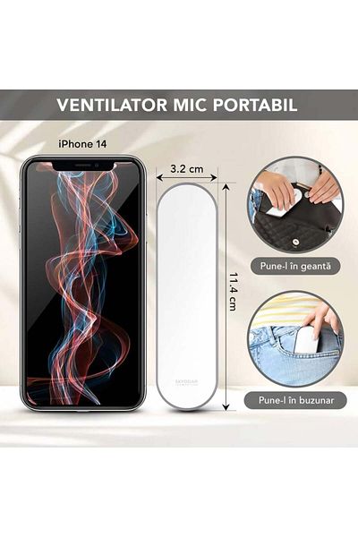 SKYDDAR INNOVATION Mini Portable Fan, Pocket Fan, Desk Fan, Handheld Fan, Silent Fan, Foldable Fan, 1200mAh, - White