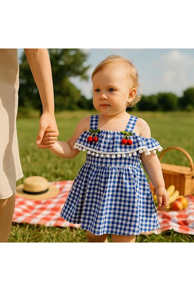 Esterella Pompon Cherry Plaid Dress/ Shoulder Detail Suspender Plaid Dress