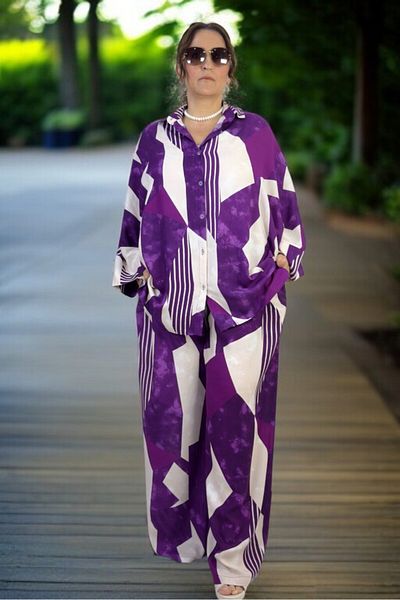 yagmurberen Oversize Cut Cotton Summer Fabric Front Buttoned Shirt Waist Elastic Pants Large Purple