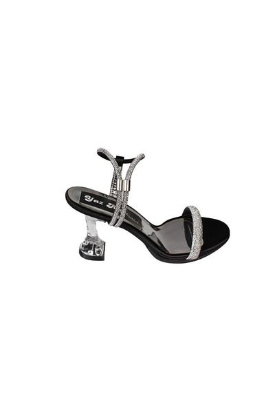 Yaz Kış Ayakkabı Yazkiş Women's Black Silver Stone Ankle Strap 9cm Transparent Goblet Heel Evening Dress Shoes