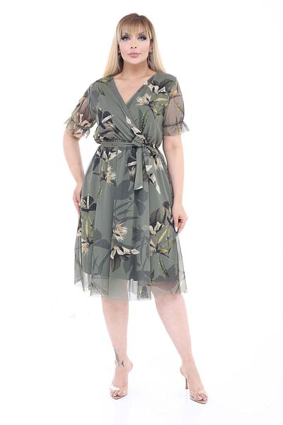 modayız Floral Print Chiffon Double Breasted Neckline Belted Plus Size Midi Dress 7E-2681