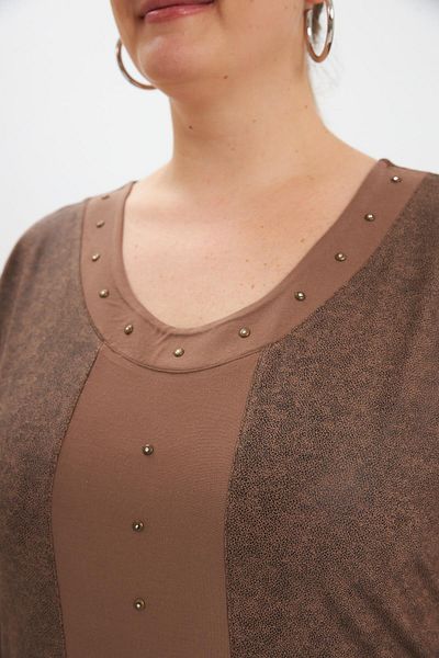 RMG Plus Size Women's Blouse Mink with Ribbon and Staple Detail