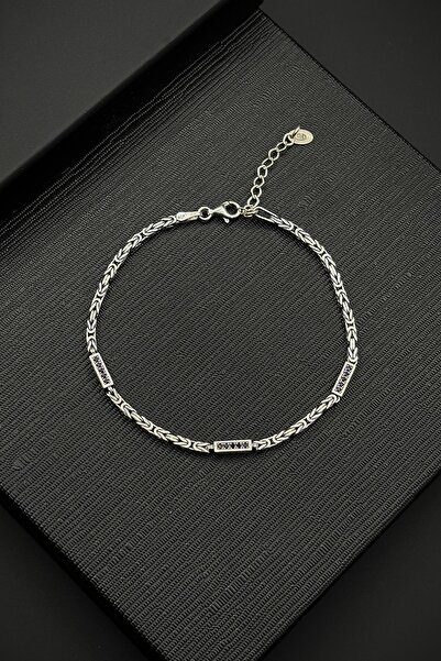 FRNCH 925 Ayar Gümüş İtalyan Model Siyah Zirkon Taşlı Gümüş Renk Erkek Bilekl...