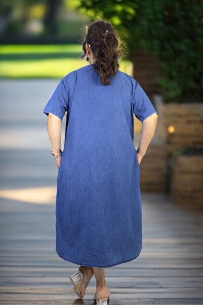 yagmurberen Front to Back Zippered Stone Embroidered Pocket Short Sleeve Large Size Jean Denim Dress