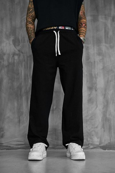 ablukaonline Men's Baggy Fit Linen Look Trousers Black