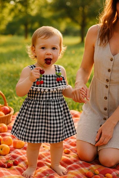 Esterella Pompon Cherry Plaid Dress/ Shoulder Detail Suspender Plaid Dress