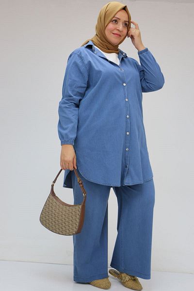 Eslina 57033 Large Size Honeycomb Jeans Suit with Elastic Sleeves - Blue