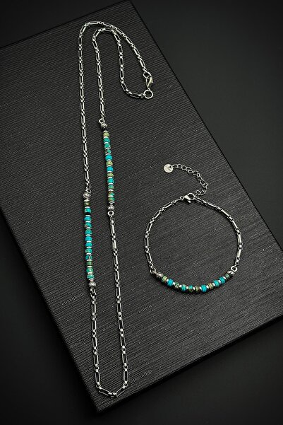 FRNCH 316L Çelik ve Afrika Turkuazı Doğal Taşlı Mavi Erkek Bileklik/Kolye Set...