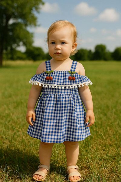 Esterella Pompon Cherry Plaid Dress/ Shoulder Detail Suspender Plaid Dress