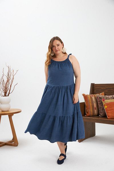 RMG Rubber Gathered Square Neck Plus Size Casual Dress Blue