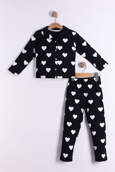 Pollito Girl's Heart Printed Button Front 100% Cotton Pajama Set