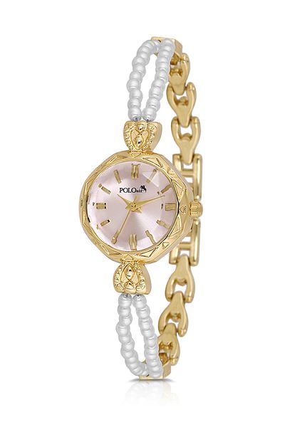 Polo Air Two Pearl Stone Look Cord Women's Wrist Watch White Gold Pink Color Pl-1531B6X