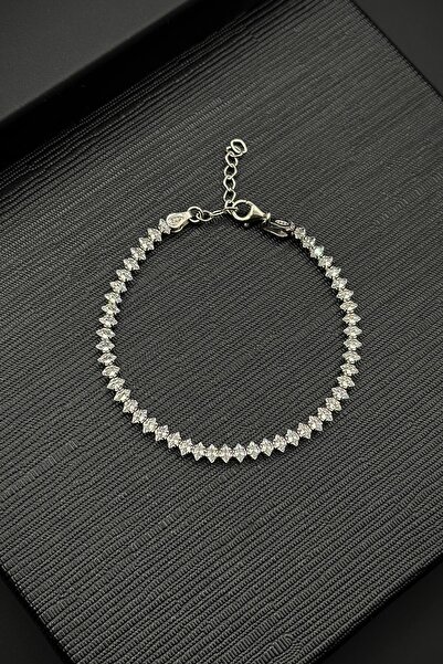 FRNCH 925 Ayar Gümüş Beyaz Zirkon Taşlı Gümüş Renk Erkek Bileklik FRJ12464-34...
