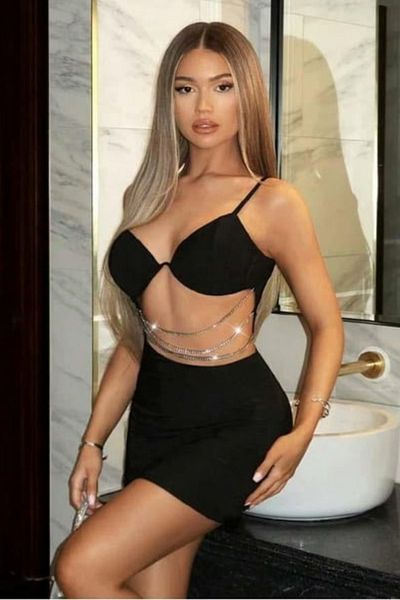 HOBİ CONDİ New Premium Special Series Design Model Stylish Elegant Chain Detail Mini Club Evening Dress