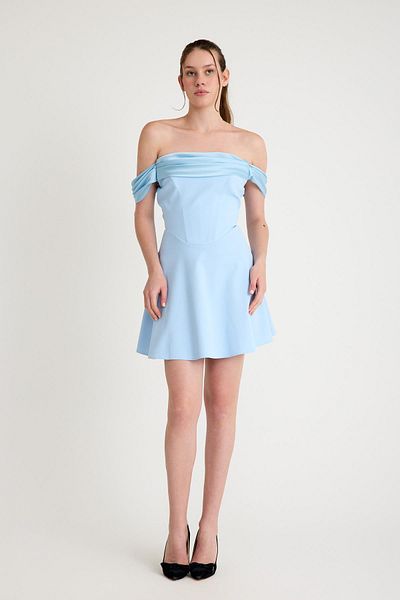 SpringStore Rochie de seară scurtă cu guler Madonna cu drapaj albastru