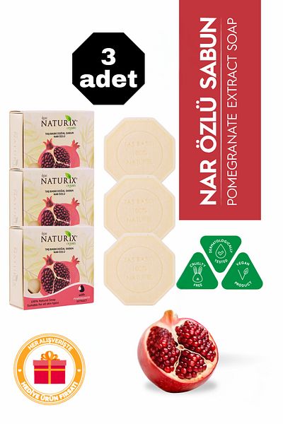 Naturix Pomegranate Extract Stone Soap 3 Pack Eco Pack Skin Tone Balancing and Blemish Care - 3X125 Gr