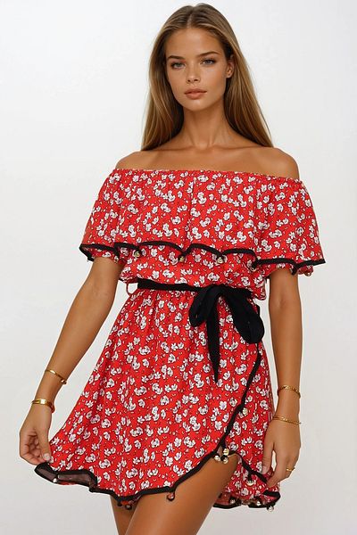 VAGGON Women's Red Madonna Collar Bead Embroidered Asymmetric Cut Midi Length Summer Dress Prmx13644