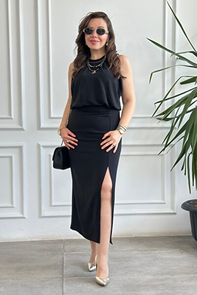 Yağmur Butik Yırtmaç Ve Drape Detaylı Elbise