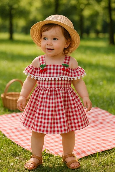 Esterella Pompon Cherry Plaid Dress/ Shoulder Detail Suspender Plaid Dress