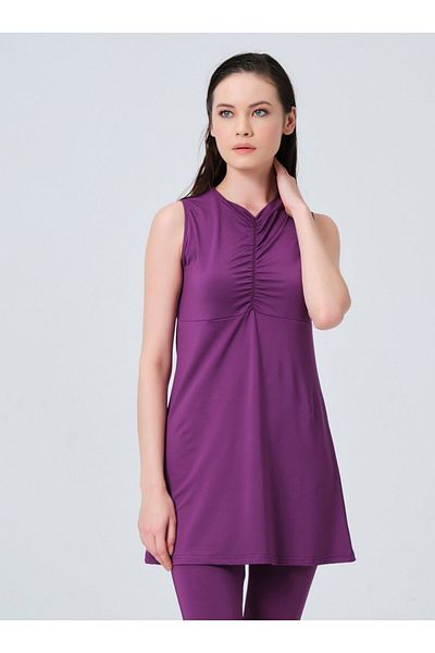 ALFASA Zero Sleeve Semi-Covered Swimsuit with Gather Detail on the Front - Dark Purple - Alfasa