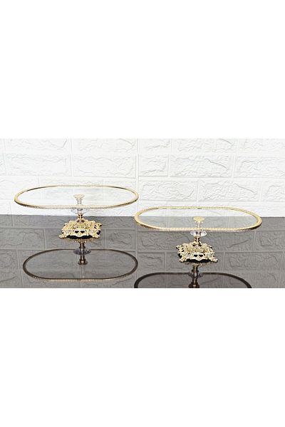 atabey home Set of 2 Glass Oval Small and Large Boat Presentation with Cast Gold Frame and Legs