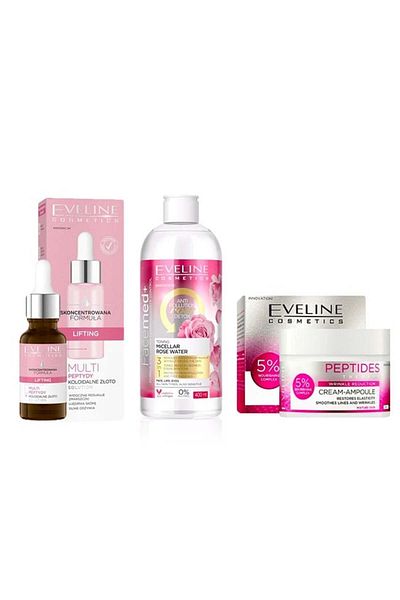 Eveline Cosmetics Set Eveline Peptides Glow: Cremă antirid 50 ml, Ser lifting 18 ml, Apă micelară cu trandafiri 400 ml