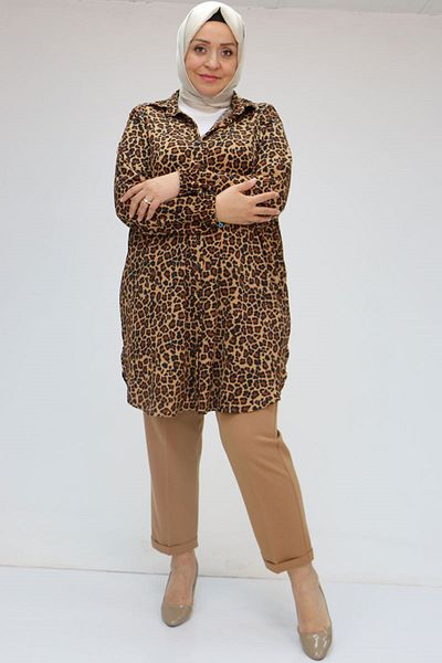 Eslina 58031 Large Size Men's Collared Patterned Wrinkled Shirt Tunic - Black-Leopard