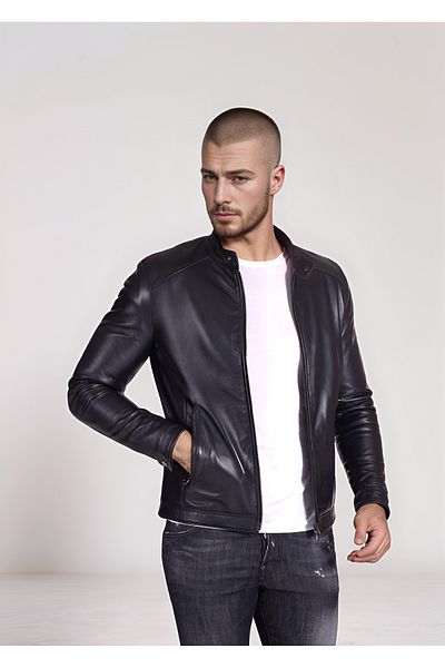 By Marki Marki Men's Black Genuine Leather Jacket – Judge Collar, Zippered, Lined, 67 cm - 502622