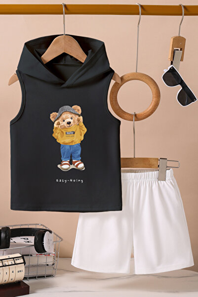 TARZ STİL Pantaloni scurți pentru tricou cu glugă Player Bear cu imprimeu 14599