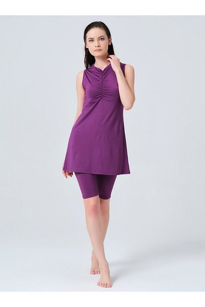ALFASA Zero Sleeve Semi-Covered Swimsuit with Gather Detail on the Front - Dark Purple - Alfasa