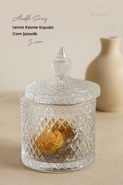 Anadolu Saray Lenaa Cutout Patterned Glass Sugar Bowl with Lid – Stylish and Elegant Design