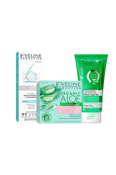 Eveline Cosmetics Set Eveline Aloe Glow: Cremă-Gel 50ml, Ser cu Ceramide 30ml, Gel de curățare cu Aloe 150ml