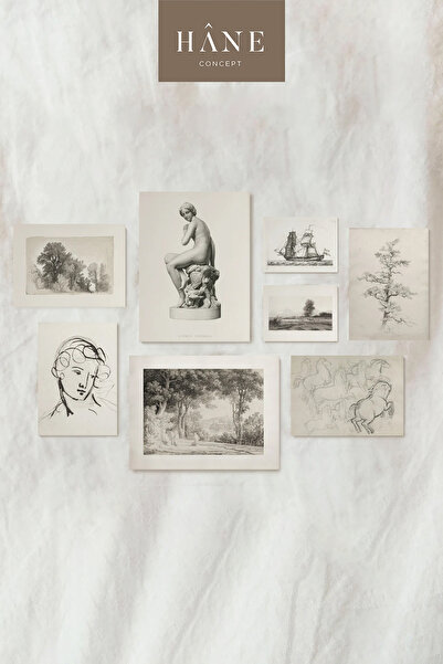 Hane Concept Modern Baskı Seti, Galeri Duvarı, Karakalem Baskı, Çiftlik Evi T...