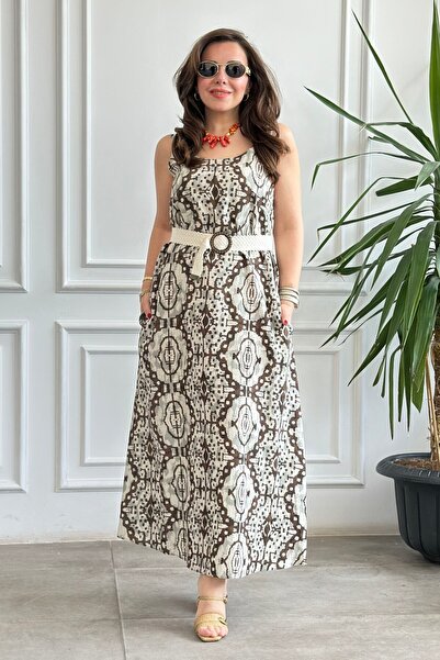 Yağmur Butik Φόρεμα με σχέδια και χοντρές τιράντες με ενσωματωμένη ζώνη