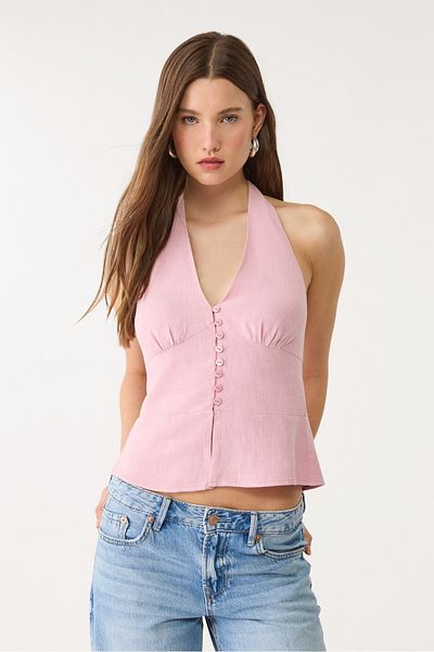 Stradivarius Linen blend halter top with buttons