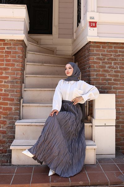 Nevayla Moda Elastic Waist Wrinkled Crinkle Skirt - Gray / A0101