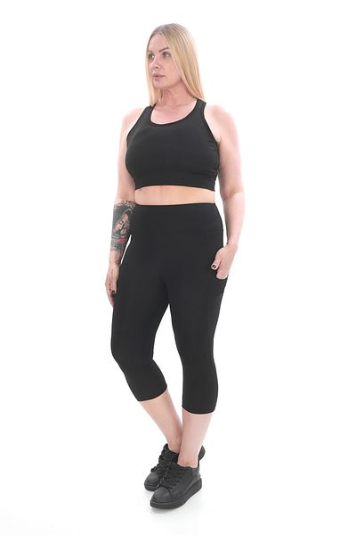 BANEGA Curve Women's Plus Size Gathering Double Pocket Black Capri Leggings Pad Crop Double Suit
