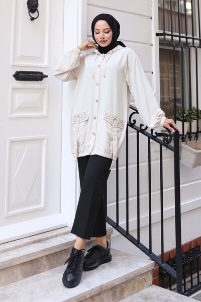 benguen Κοντό καπάκι με πέτρινες τσέπες με λεπτομέρεια με κουμπιά Χρώμα πέτρας 3241