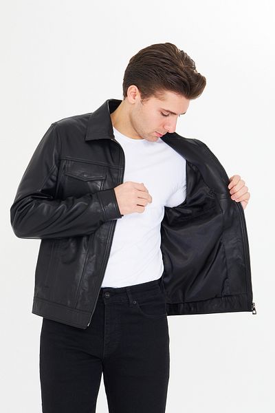 By Marki Marki Men's Genuine Leather Jacket – Shirt Collar, Zippered, 6 Pockets, 67 Cm, Classic Vintage Model - 505722