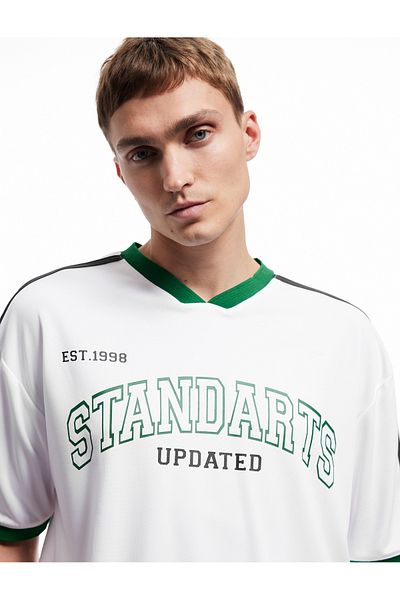 Koton Oversize Short Sleeve V Neck College Printed Sports T-Shirt