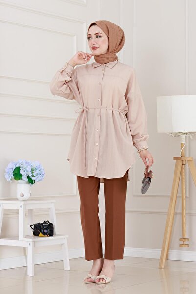Sevitli Loose Fit Tunic with Attached Front-Beige