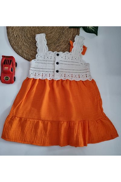 Uğur bebe New Season Knitted Model Bow Woven Girl's Orange Gilet Dress